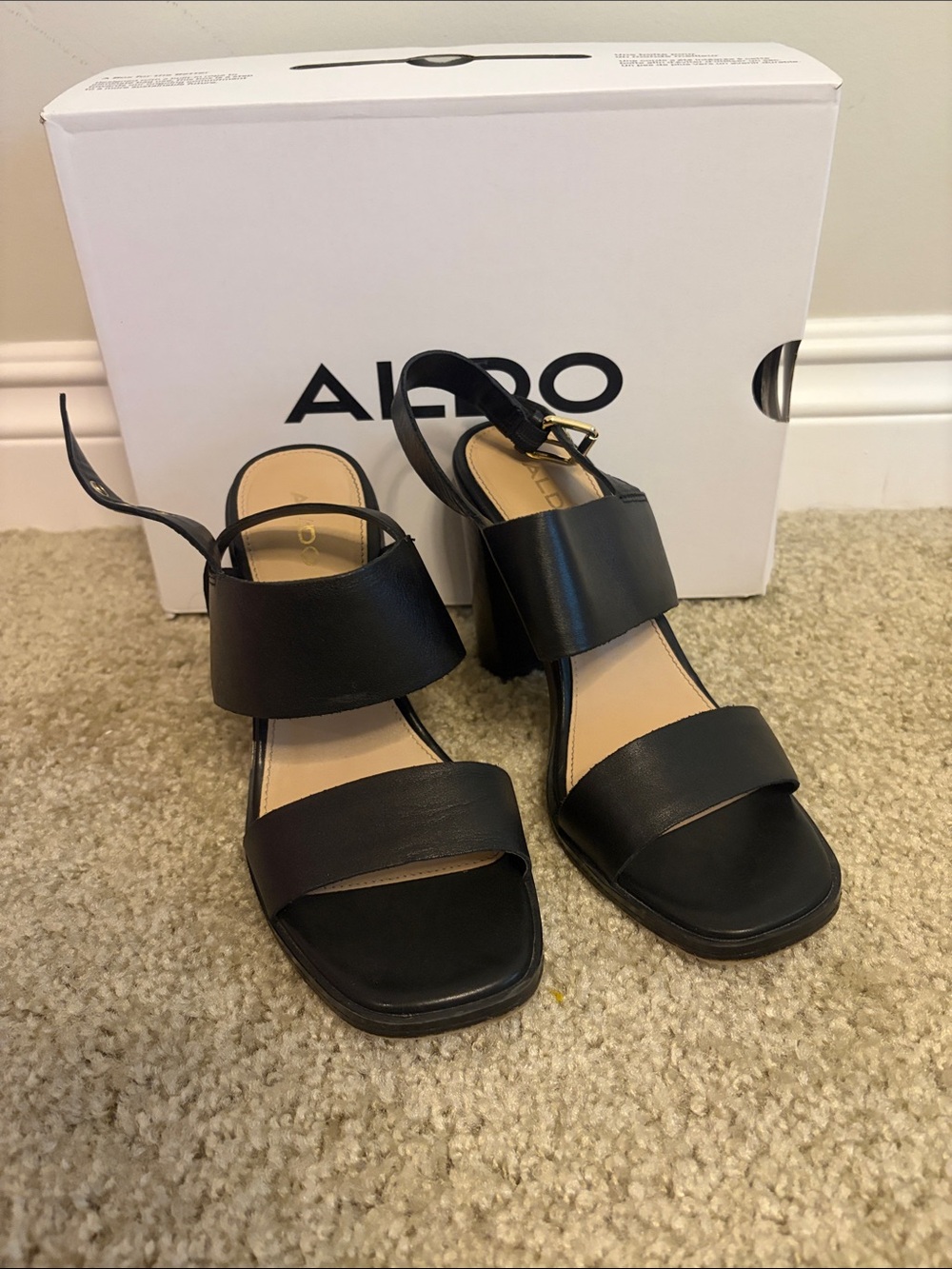 ALDO Black Leather Block Heel Sandals with Ankle Strap